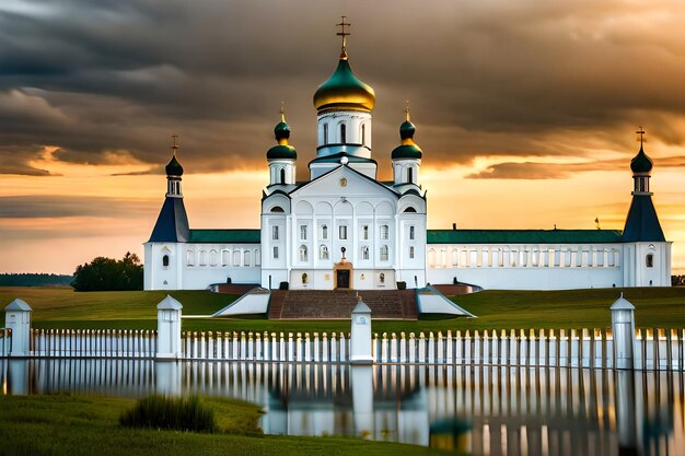 Premium AI Image | a church with a green roof and a church in the