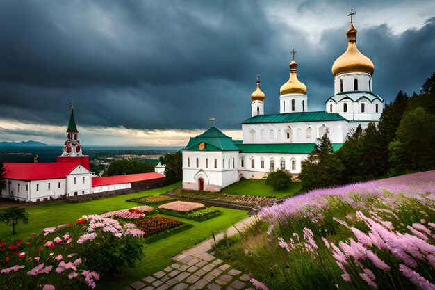 Premium AI Image | a church with a green roof and a church with a