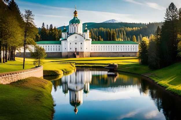 a church with a lake in the background