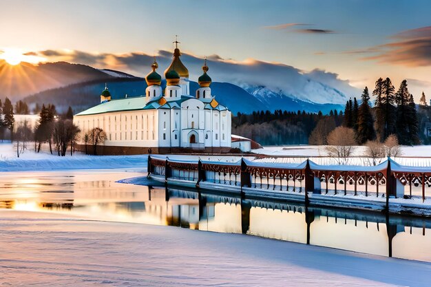 a church with a lake in the background