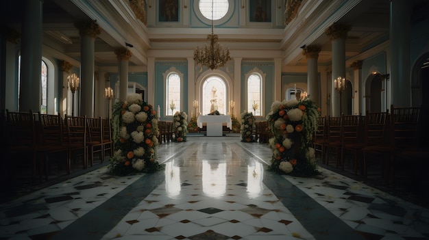 A church with a large altar and flowers on the floor