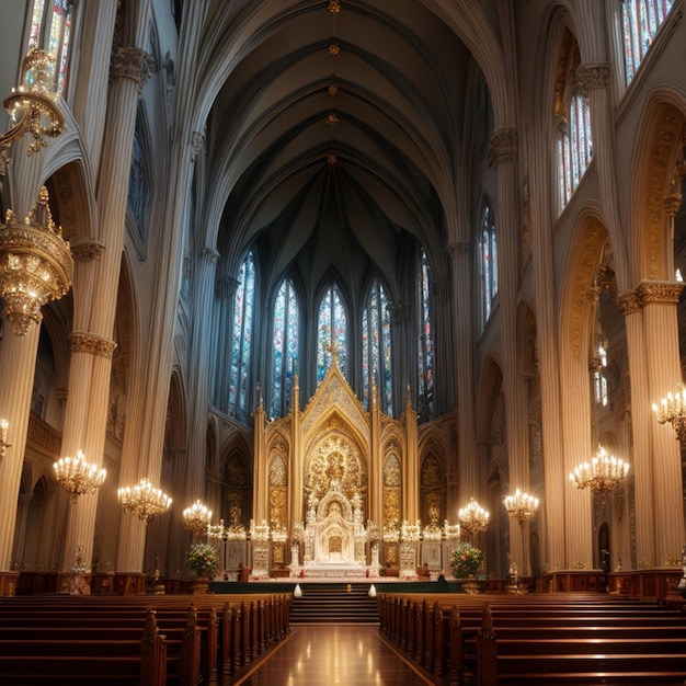 A church with a large altar and a large altar with a statue of jesus on it.