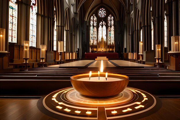 Photo a church with a large bowl of water and candles in the center.