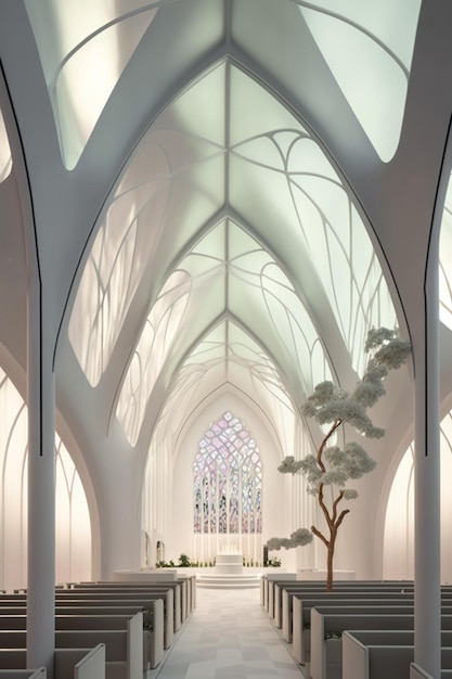 A church with a large white ceiling and a large window that says'cathedral of christ'on it