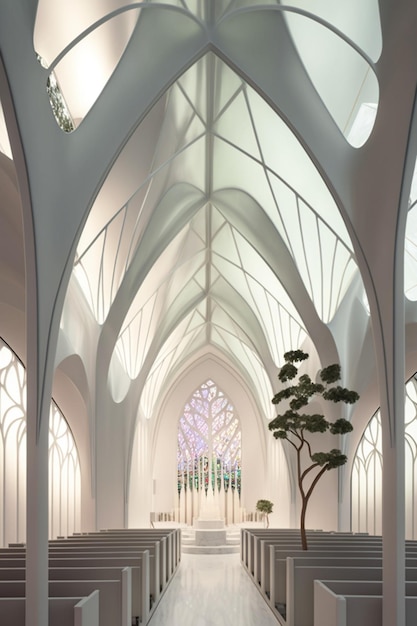 A church with a large window and a large altar with a white ceiling and a large window with a tree in the middle.