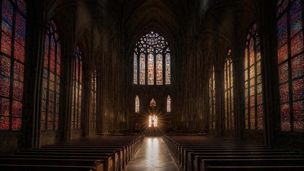 a church with a light shining through the window