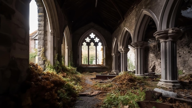 A church with a lot of plants in it