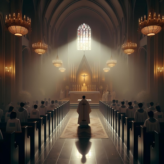 a church with a man standing in the middle of it