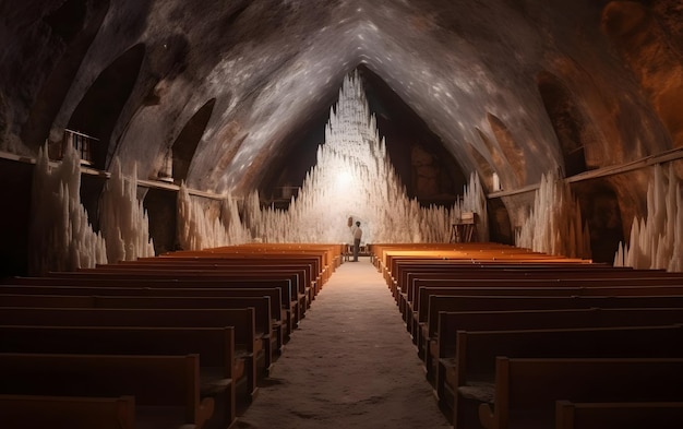 A church with a man standing in the middle of it