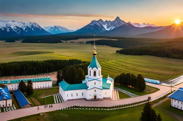 Photo a church with a mountain in the background