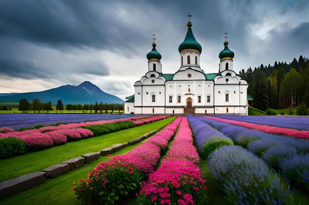 A church with a mountain in the background