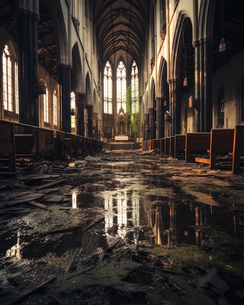 Photo a church with a puddle of water in the middle of it