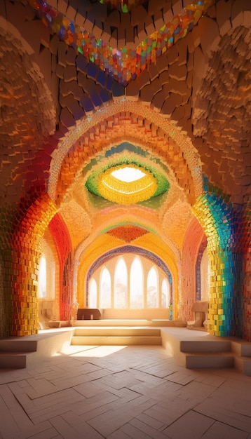 A church with a rainbow on the ceiling