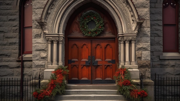 A church with a red door and wreaths on the front door