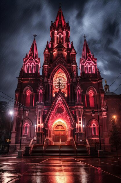 Foto una chiesa con una luce rossa che dice 