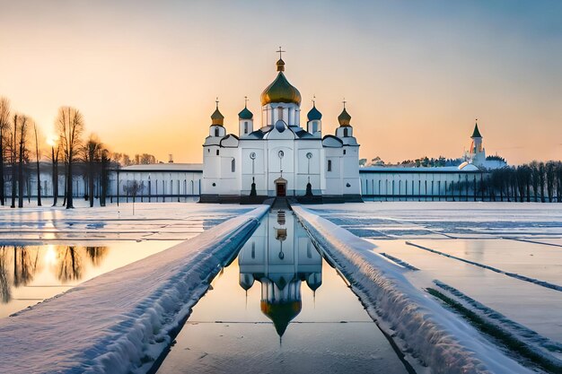 A church with a reflection of the sky in the water