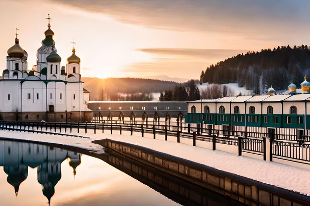 Premium AI Image | a church with a snow covered roof and a church in