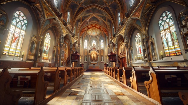 a church with a stained glass window and a bench in front of it