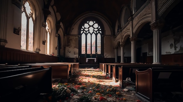 A church with a stained glass window and a bunch of flowers on the floor