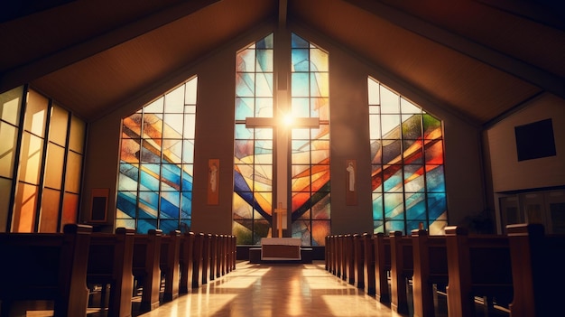 A church with a stained glass window and a cross in the background