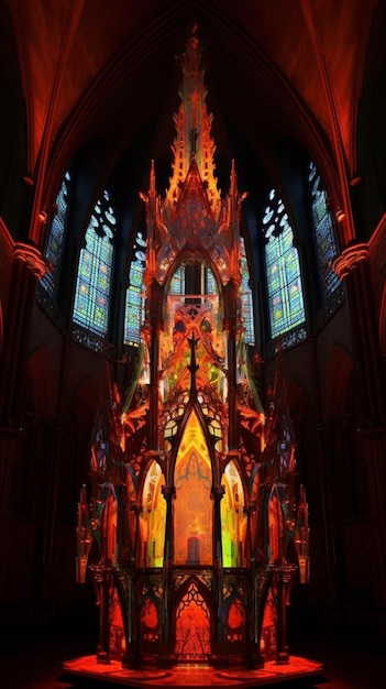 A church with a stained glass window and a fire in the middle.