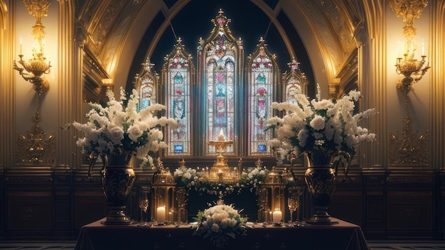 A church with a stained glass window and flowers