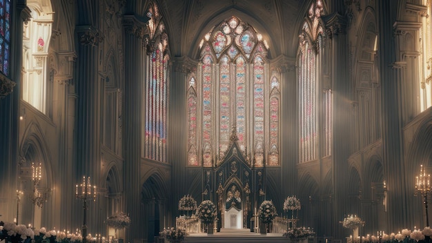 A church with a stained glass window behind it