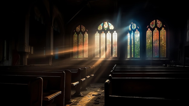 A church with a stained glass window and the light coming through the window