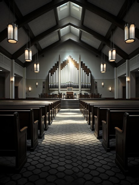 a church with a stained glass window and a pew with the lights on