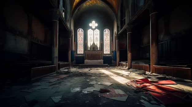 A church with a stained glass window and a red sheet on the floor