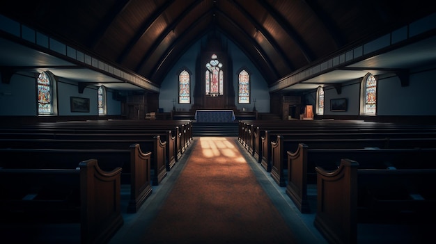 A church with a stained glass window and a stained glass window.