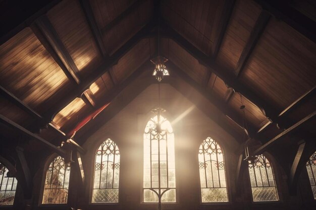 Photo a church with a stained glass window and the sun shining through the windows.