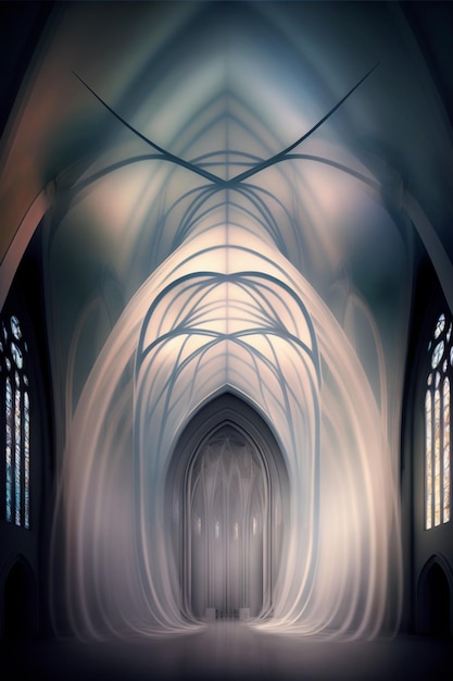 A church with a stained glass window and a white ceiling.