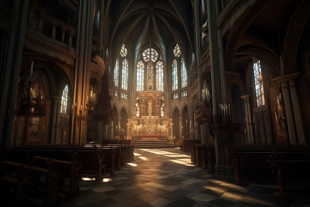 A church with a stained glass window and the word notre dame on the bottom right.