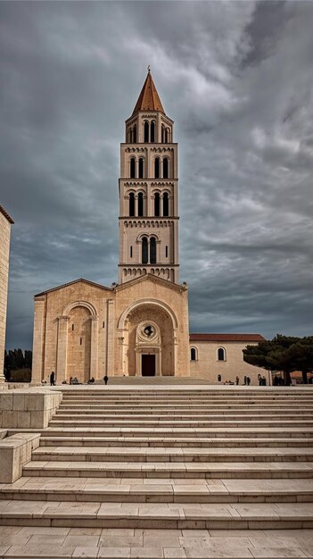 A church with a steeple and a clock on the top