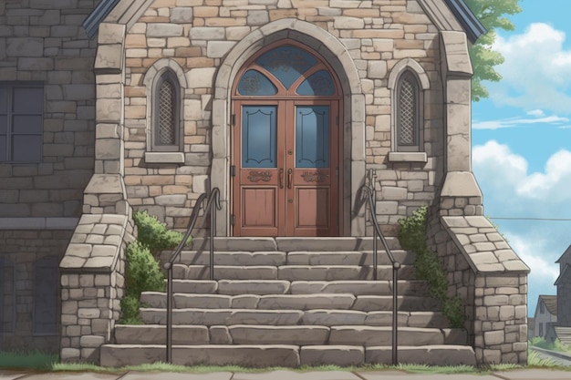 A church with a stone staircase and a stone building with a large door that says'the word church'on it