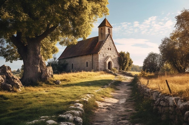 a church with a stone wall and a tree on the right side.