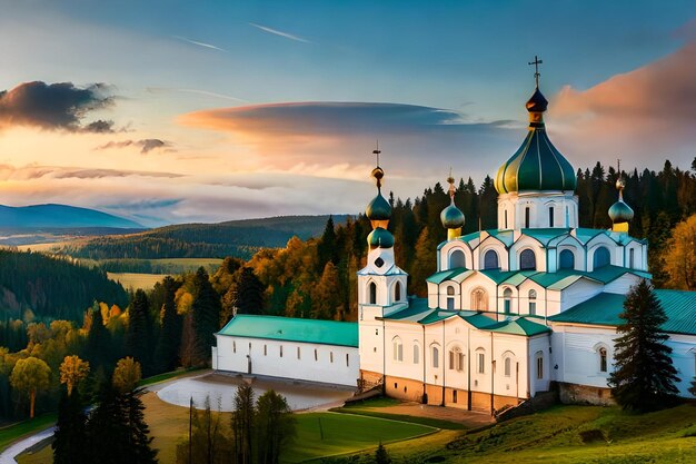 a church with a sunset in the background