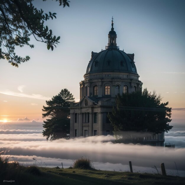 a church with a tree on the top of it