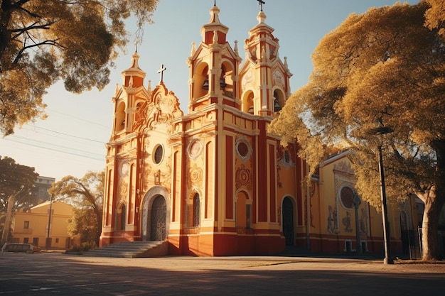 a church with a yellow and red painted facade.