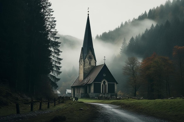 a church in the woods with a sign that says " the word " on the front.