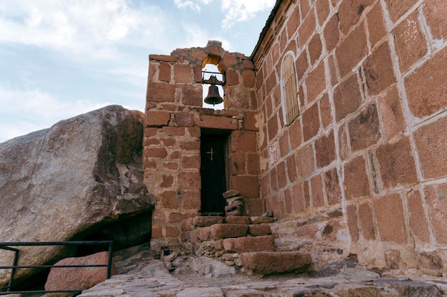 Church worship on greek orthodox chapel on Mount Sinai Beautiful dawn in Egypt early morning view of the top of Mountain