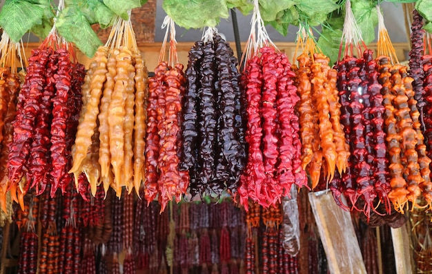 Churchkhela, an Iconic Georgian National Sweets Made of Nuts Coating with Fruit Juice