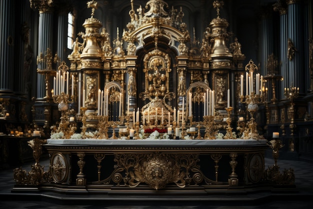 教会は金色のろうそくと宗教的なアイコンで祭壇を飾っています