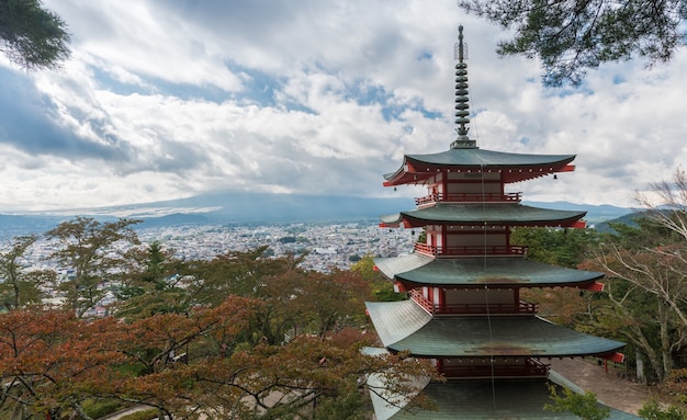 Chureito pagoda and Mountain Fuji with autumn 