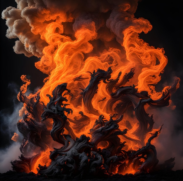 Churning Inferno Captured in Brilliant Realism Ribbons of Orange Yellow and Crimson Flames