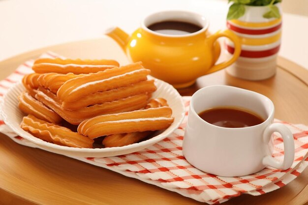 Photo churros and a ceramic pot of tea traditional dessert churros photography