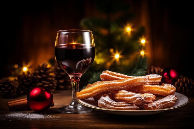 Photo churros and a glass of mulled wine traditional dessert churros photography