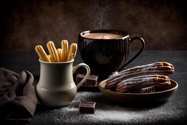 Churros and hot chocolate on a black background Generative AI