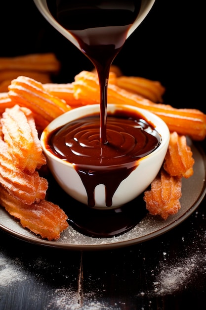 Foto churros met chocolade selectieve focus